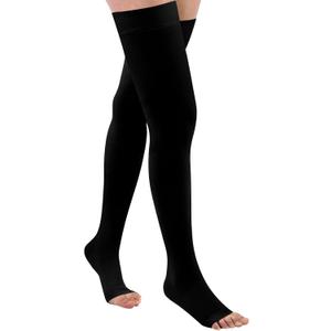 GODORIO Thigh High 15-20 mmHg Toeless Compression Stocking for Women & Men, Compression Socks Circulation with Silicone Dot Band - Best Support for Medical Running Nursing Athletic (Black)