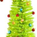 VioraWhite 5ft Whimsical Christmas Tree Large Lime Green Artificial Curved Prelit Xmas Tree with Red Ball and 30 LED Light String for Indoor Outdoor Porch Christmas Decorations