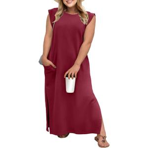 OLRIK Plus Size Maxi Dresses for Curvy Women 2026 Summer Casual Cap Sleeve Split Long Dress with Pockets Loose Fit (Red, XXL)