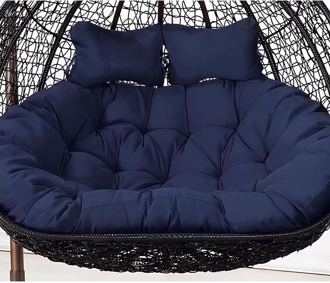 Basket Swing Egg Chair Cushion, 2-Seater Waterproof Removable Thickened Hanging Mattress Replacement with Pillow Thickened Round Hammock Chair Cushion Courtyard Hanging Egg Chair Cushion (Navy Blue) (Pillows Not Included)
