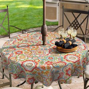 Outdoor/Indoor Round Tablecloth with Umbrella Hole Zipper, Decorative Circular Table Cover for Home Garden, 60 Inch, Flower Multi