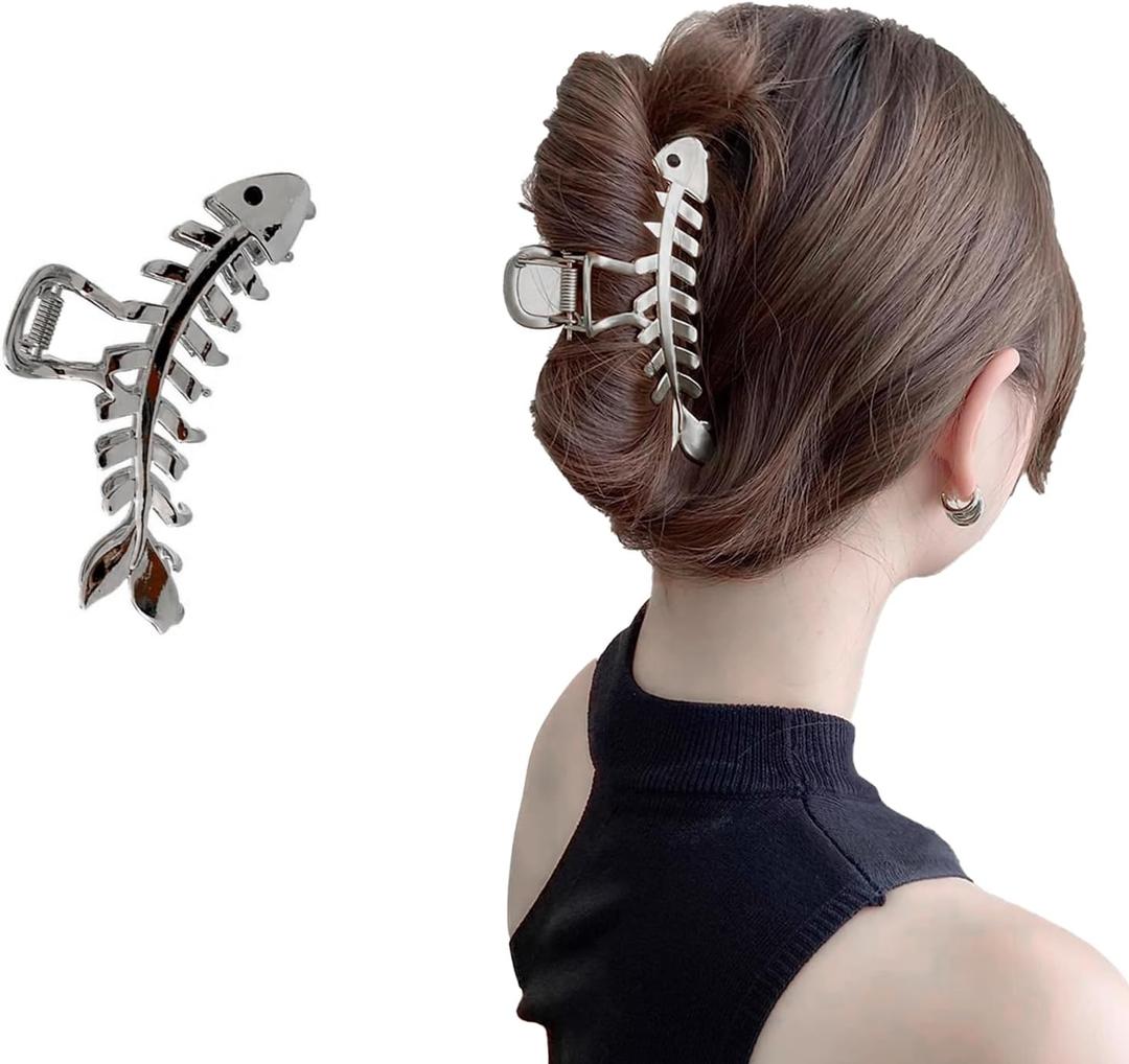 New 1 Piece Silver Hair Clip Fish Bone Large Size Hair Claw Clips for Thick Hair & Thin Hair Nonslip Metal Hair Accessories Fashion Styling for Women Girls