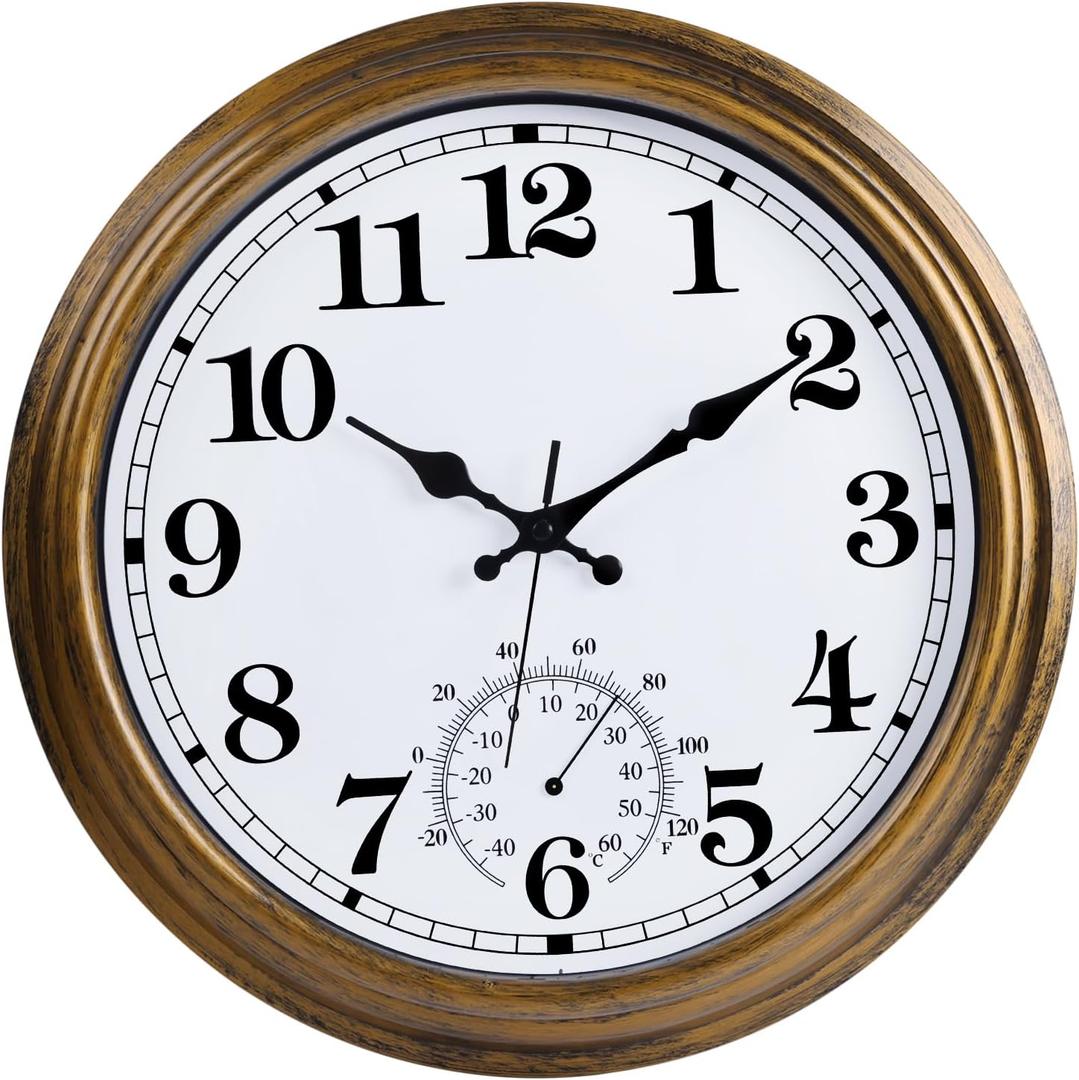 16 Inch Large Outdoor Clock, Retro Waterproof Indoor/Outdoor Clock Non-Ticking Clock with Thermometer, Battery Operated Wall Clock for Patio, Garden, Pool - Bronze