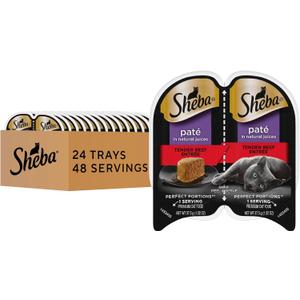 Sheba Perfect Portions Wet Cat Food Pate Tender Beef Entree, 2.6 oz. Twin-Pack Trays, Cat Food Wet Recipe, BB 03/02/28 (24 Count, 48 Servings)