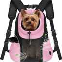 WOYYHO Pet Dog Carrier Backpack Small Dog Front Backpack Ventilated Mesh Dog Travel Back Pack with Safety Belt for Travel Hiking Cycling Outdoor Adventures (Size M: 5-9 lbs, Pink)