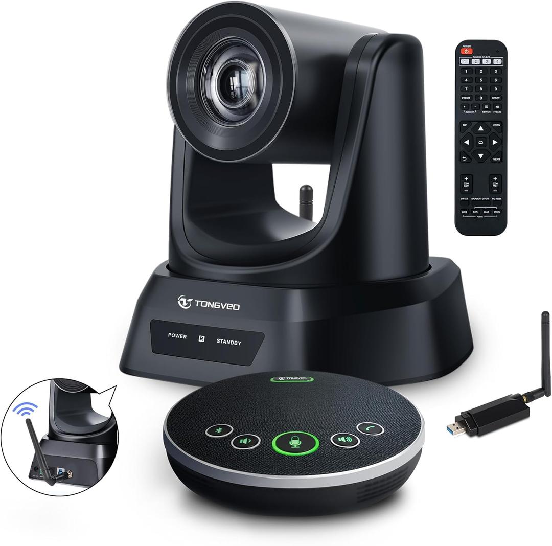5.8GHz Wireless Conference Room Camera System | 3X 60fps PTZ Camera with Bluetooth Microphone, 50ft Range, Compatible with Zoom, Skype, OBS - Easy Setup for Worship and Online Meetings