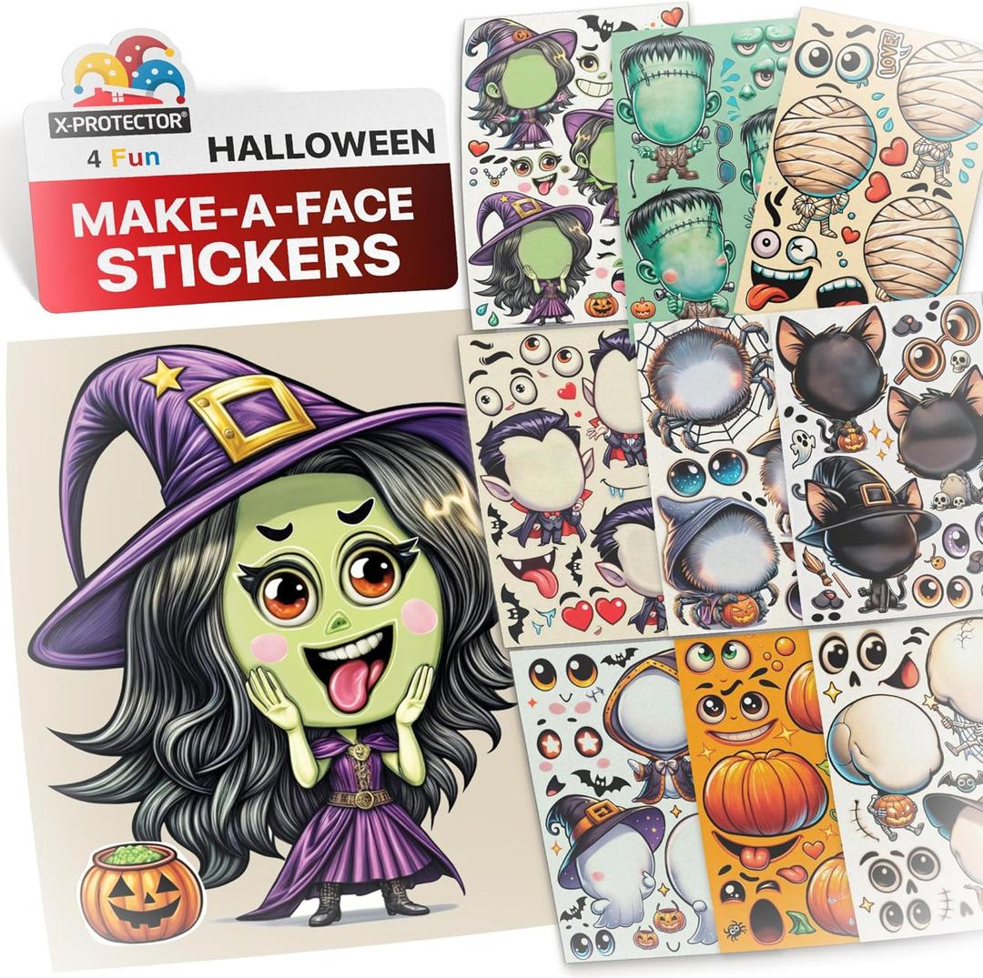 2 x X-Protector Halloween Make a Face Stickers for Kids - Halloween Sticker Activity Crafts - 27 Unique Character Face Stickers for Kids - Bulk Halloween Goodie Bag Stuffers & Party Favors! (9 Big Sheets)