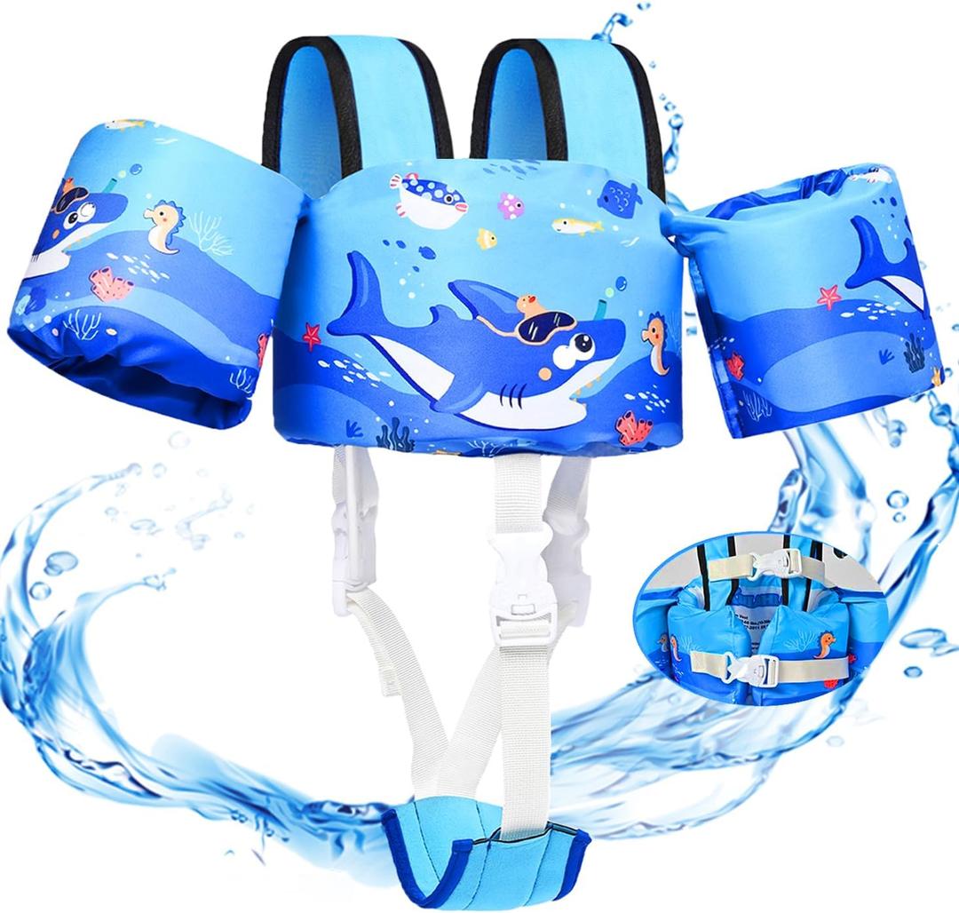 Toddler Swim Vest, Toddler Floaties for 22-66 lbs Boys & Girls, Kids Puddle Jumper Removable with Crotch Strap & Shoulder Harness Arm Wings for 1 2 3 4 5 6 7 Years Old Baby Children Sea Beach Pool (0 Blue-Shark)