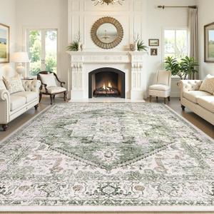 LIVEBOX Green 10x14 Area Rugs, Soft Extra Large Area Rug for Living Room Low Pile Non Slip Boho Rug, Non Shedding Indoor Carpet for Bedroom Dining Room Under Table