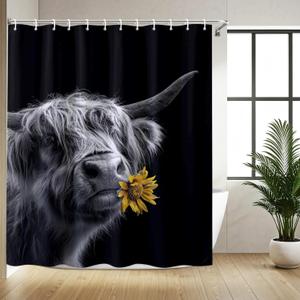 Highland Cow Shower Curtain Sunflower Rustic Farmhouse Western Cow Bathroom Curtain Decor Waterproof Polyester Fabric Black 72 X 72 Inches