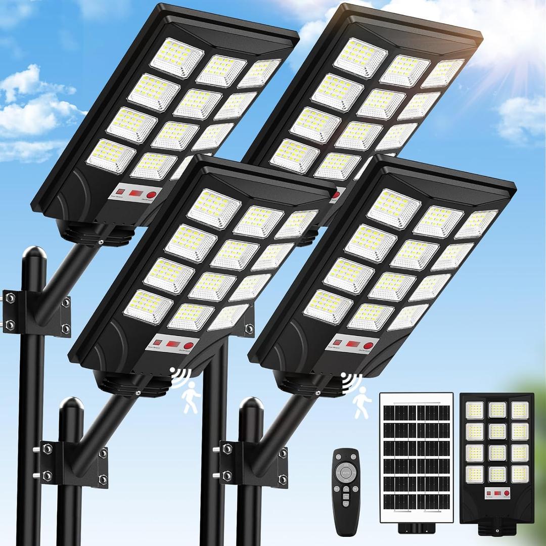 4-Pack Solar Street Light Outdoor Waterproof, Motion Sensor Solar Powered Light, Dusk to Dawn LED Solar Parking Lot Flood Light for Outside, Yard, Garden, Path