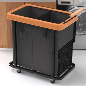 190L (50 Gal) Extra Large Fashion Laundry Hamper 2 Section with Lid, Rolling Laundry Basket Hamper with Handle, Laundry Organizer Storage Cart with Sturdy Metal Frame for Laundry Room, Hotel, black