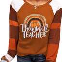 MOUSYA Thankful Blessed T-Shirt Thanksgiving Colorful Turkey Tshirt Women 3/4 Sleeve O-Neck Striped Splicing Tops Tees (Brown, XL)