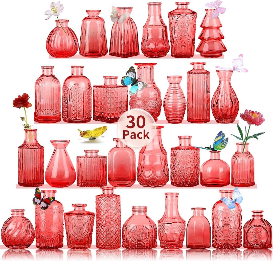 Glass Bud Vases Set of 30 pcs for Wedding,Home Decor,and Events,Mini Vases for Centerpieces and Gifts,Ideals for Candle Holders,Diffuse Bottles,Plant hydroponics Stations(Red)