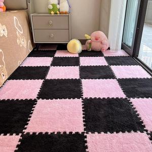 12pcs Carpet Squares Puzzle Floor Mat, Plush Interlocking Carpet Tiles, Anti Slip EVA Foam Jigsaw Floor Tiles, Build A Safe Area for Bedroom Playroom (Pink+Black)