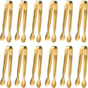 ddseexhe 12PCS Mini Serving Tongs,Stainless Steel Small Appetizer Tongs,4.3Inch Ice Tongs Sugar Tongs Mini Tongs for Appetizers Desserts Ice Bucket,Tea Party,Coffee Bar (Gold)