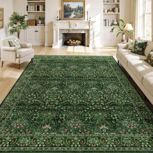 Washable 8x10 Area Rug for Spring Living Room Bedroom Dining Room Under Kitchen Table,Non-Slip Low Pile Stain Resistant Soft Large Carpet for Vintage Floral Oriental Home Decor Grass Green