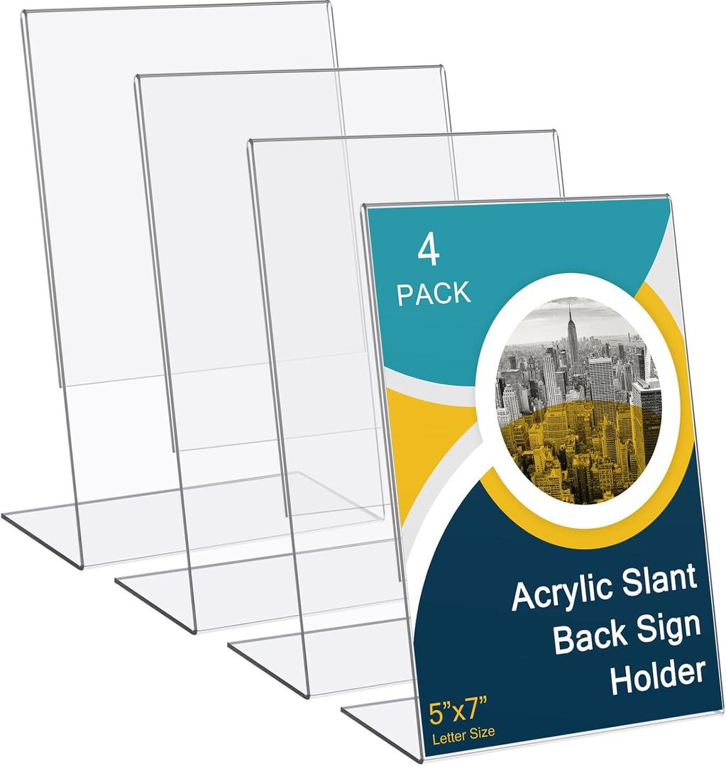 Sanwuta 4 Pack Acrylic Sign Holder 5 x 7 Inches, Slant Sign Display Stand, Transparent Flyer Holder Frame Plastic Document Display for Workers Teachers Office Home Menu Desktop