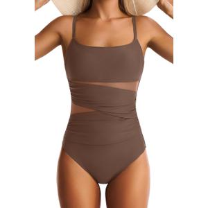 One Piece Swimsuit for Women Tummy Control Mesh Bathing Suits Sexy Push Up Swimsuits Slimming Square Neck Swimwear (Medium, Brown)