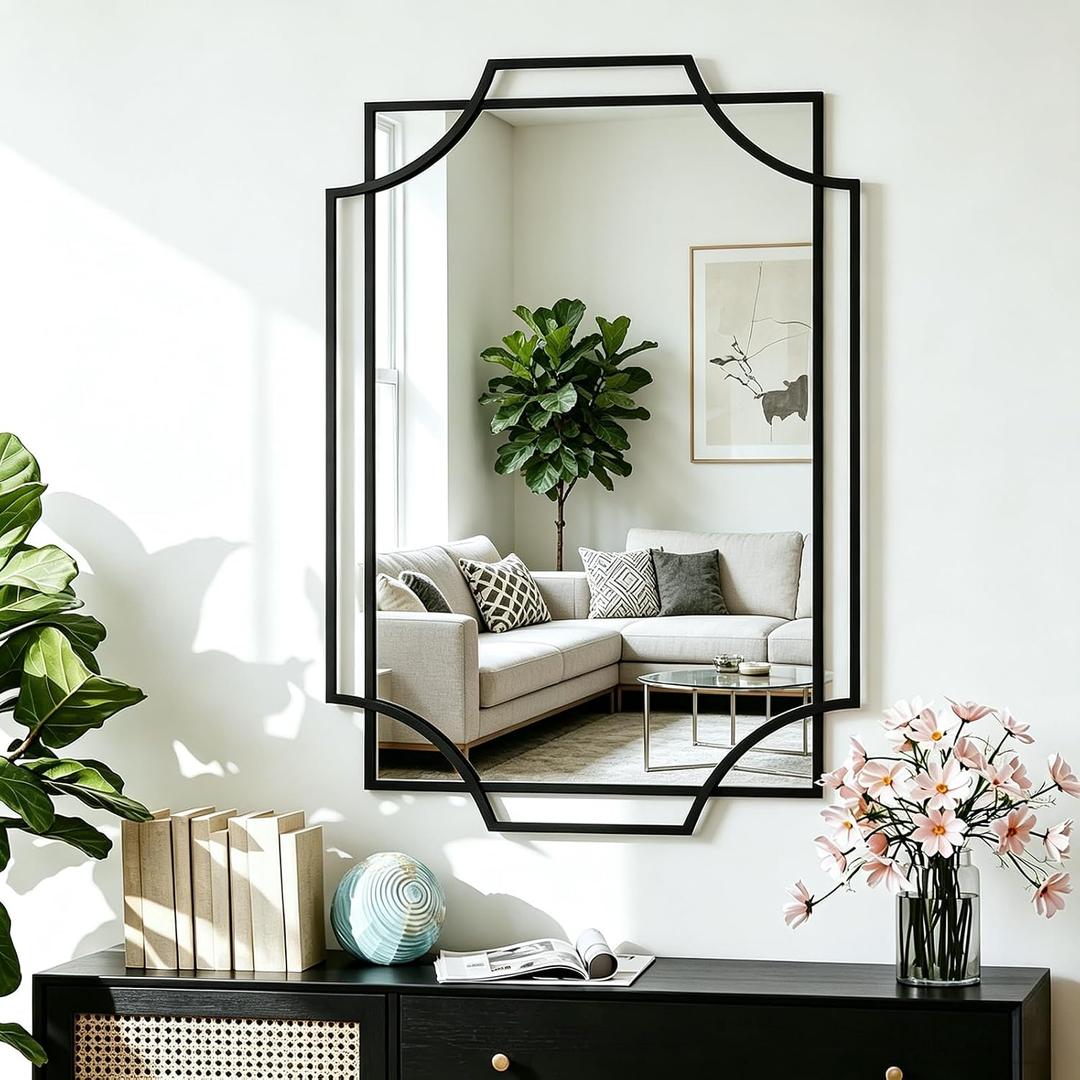 Black Wall Mirrors for Decor, 40''X28'' Large Bathroom Mirror for Vanity with Black Metal Frame, Modern Scalloped Mirror for Entryway, Dining Room, Living Room