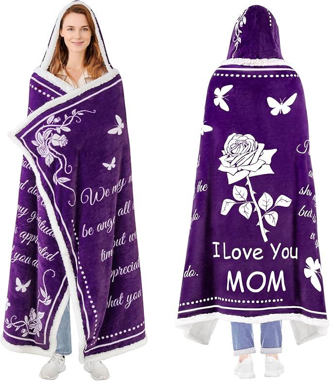 Mothers Day Gifts for Mom, Wearable Hoodie Blanket for Birthday Gift, Mom blanket Gifts from Daughter, Son, Husband, Sherpa Fleece Mother Blankets, Soft, Wife, Mama, purple