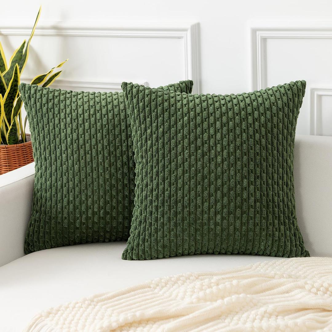 Kevin Textile Spring Throw Pillow Covers Soft Corduroy Decorative Set of 2 Boho Striped Pillow Covers Pillowcases Farmhouse Home Decor for Couch Bed Sofa Living Room 18x18 Inch Moss Green