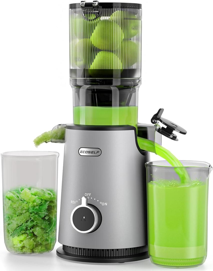 Cold Press Juicer, ECOSELF Juicer Machines with Large Feed Chute Fit Whole Fruits & Vegetables, Self Feeding for Juice Extractor Machine, Easy to Clean and Assemble, High Juice Yield (Light Gray)