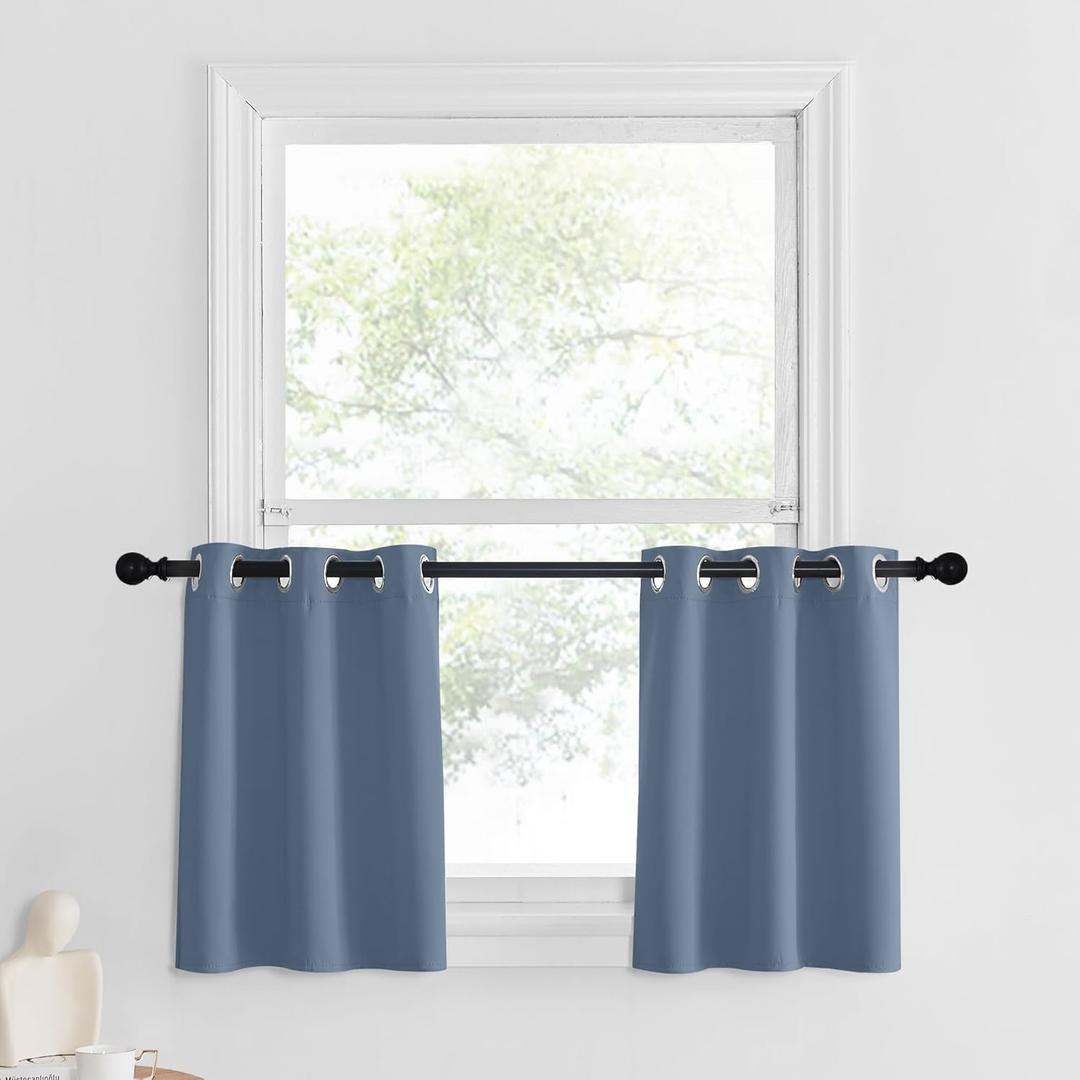 NICETOWN Stone Blue Blackout Valances for Windows Treatment 24 Inch Length Solid Thermal Insulated Grommet Top for Bedroom and Bathroom Curtains Valance for Small Windows, 2 Panels, 29 x 24 Inch