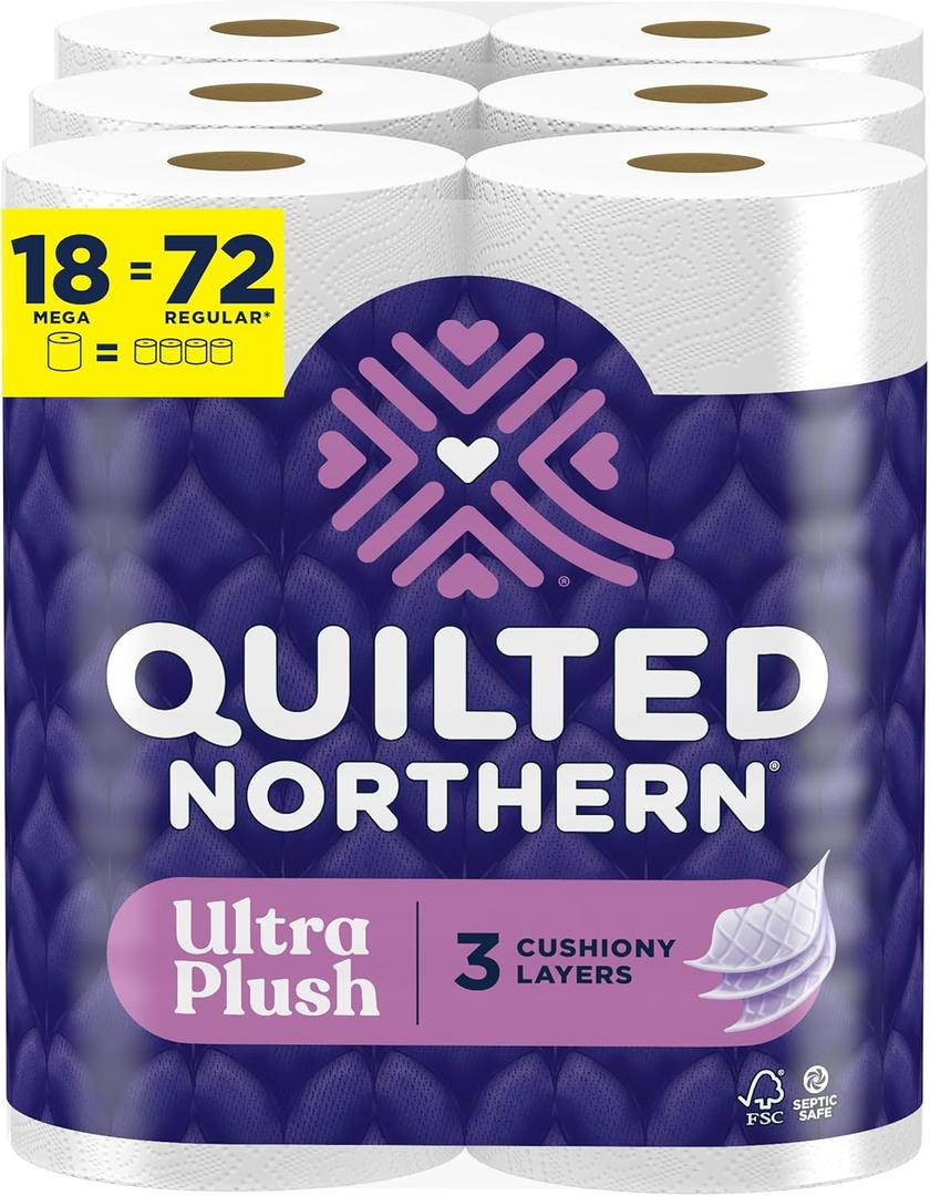 Quilted Northern Ultra Plush Toilet Paper, 18 Mega Rolls 72 Regular Rolls, 3X Thicker, 3 Ply Soft Toilet Tissue