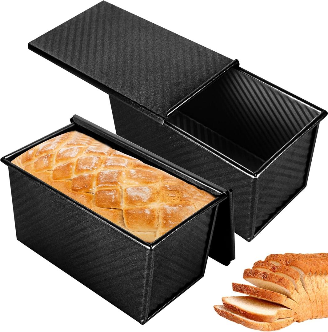 2pack 1LB Black Pullman Loaf Pan with Lid, Non-Stick Sandwich Bread Loaf Pan, Easy Release Bread Pan with Lid for Homemade Bread (8.3inch)
