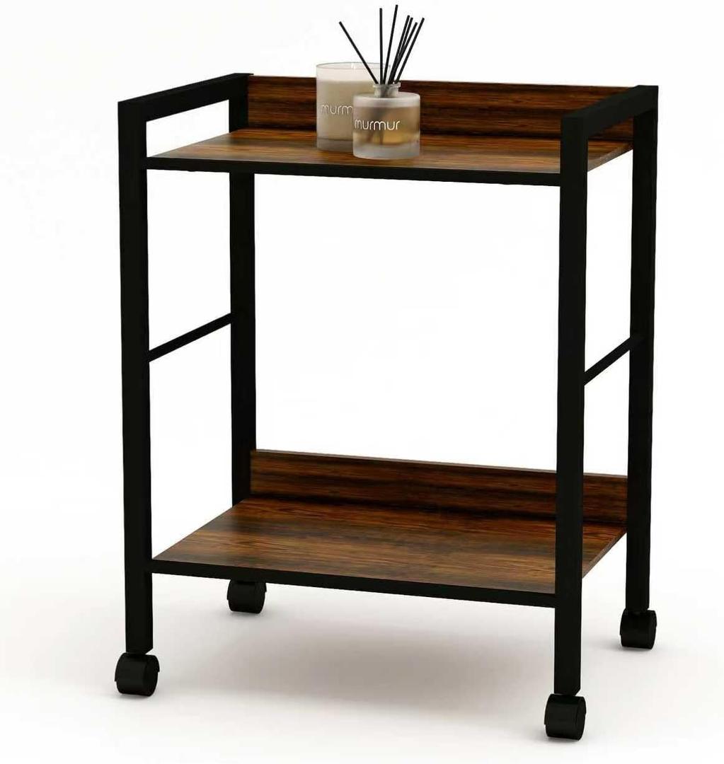 2-Tier Rolling Utility Cart Night Stand Organizer with Brown Wood Shelves and Black Metal Frame, End Side Table Storage Trolley on Wheels for Kitchen Office, Bathroom, Living Room