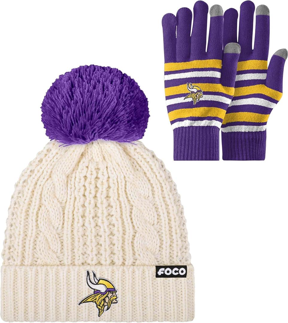 FOCO NFL unisex-adult Nfl Team Logo Adult Stretch Gloves With White Pom Cable Winter Knit Hat Beanie Set (One Size)
