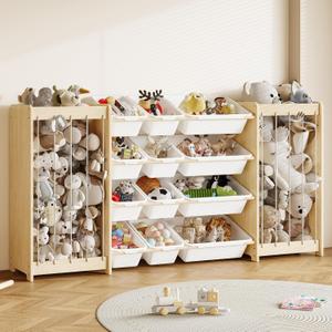 EXPERLAM Large Toy Storage Organizer, Wooden Stuffed Animal Storage & 12-Bins Toy Organizer, Double-Sided Plush Toy Holder Featuring Thicker Ropes, Space Save Playroom Nursery Bedroom Storage, White, 64.4" L × 11" W × 31.5" H