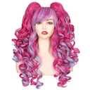 ColorGround Long Curly Cosplay Wig with 2 Ponytails (Hot Pink/Pink/Blue)