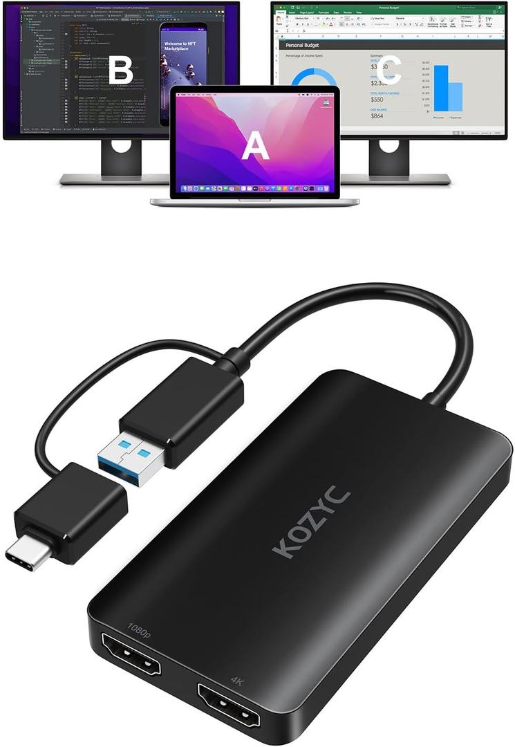 KOZYC USB 3.0 to HDMI Splitter Extended Display Dual Monitors, USB 3.0-A/C to Dual HDMI Adapter 4K@30Hz+1080p@60Hz Compatible MacBook/MacBook Pro Air Dell (MST Support MacOS/Windows)