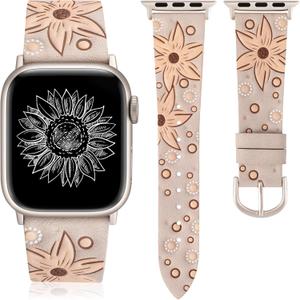 Minyee Leather Band Compatible with Apple Watch Band 41/40/38/44/45/46/49/42mm Women, Boho Western Embossed Sunflower Floral Premium Leather Strap for iWatch Series 11 10 9 8 7 6 5 4 SE/Ultra 3 2 1