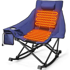 Slendor Heated Rocking Camping Chair with Padded & Pillow, 3 Adjustable Heat Settings Oversized Portable Foldable Camping Chair for Outdoor & Indoor Use, NO Power Bank (Blue)