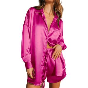 Ekouaer Womens 2 Piece Satin Pajama Set Long Sleeve PJs Sets Button Down Lounge Sets Soft Sleepwear Set (Small, Hot Pink)