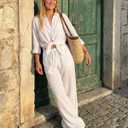 Zylioo White Linen Palazzo Pants for Tall Ladies 6Ft Height, High Waisted Long Casual Trousers, 2XL
