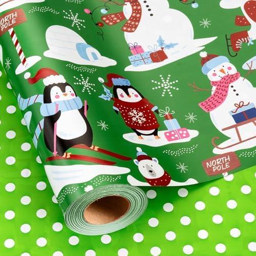 Retrify Christmas Wrapping Paper - Mini Roll - 17 Inch x 32.8 Feet Thick Green Cute Penguin Polar Bear Snowman Wearing Red Scarf Gift Wrap for Winter Holiday Party Celebration
