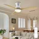 52" Wood Flush Mount Ceiling Fans with Lights and Remote, Natural Wood Fandelier, Low Profile/6-speed/3 CCT/Timer/Quiet/Reversible DC Motor, for Bedroom Living Room Kitchen Patio