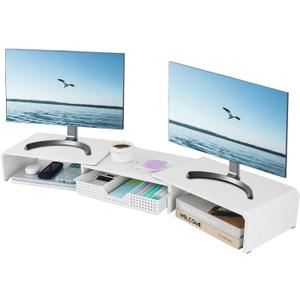 Dual Monitor Stand Riser with Drawer, Desk Organizer and Accessories, Metal Laptop Stand for Desk, Workspace Desktop Stand for Computer, Laptop, TV and More (White)