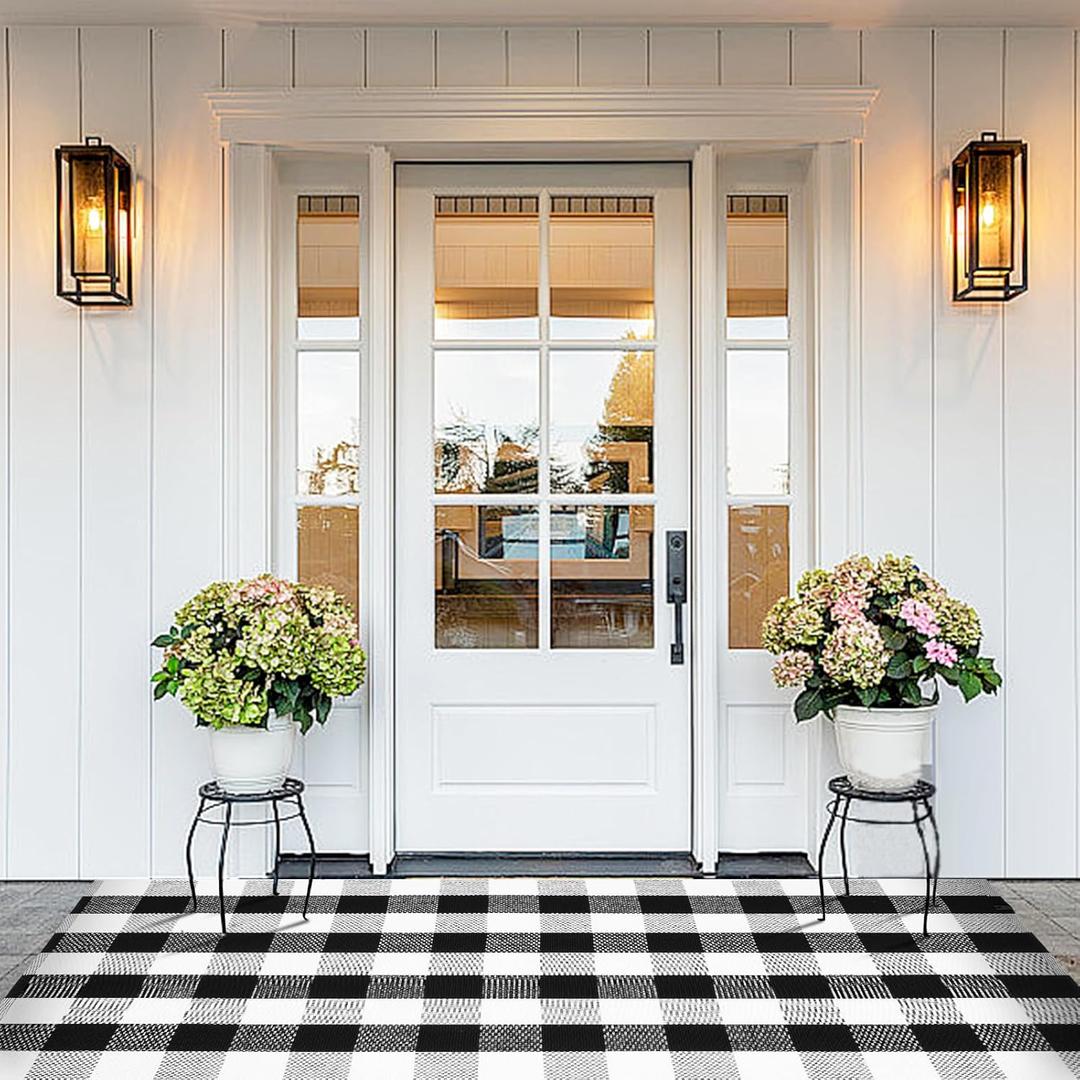 Buffalo Plaid Area Rug - 4 x 6 Ft, Black and White Checkered, Washable Cotton, Ideal for Front Porch, Kitchen, Entryway, Patio, Bathroom