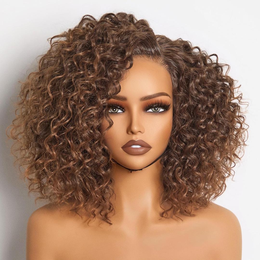 GORGIUS Shaggy Curly Wave Bob Wig Glueless Ready To Go Hd Lace Front Wigs for Women Highlight Brown Fiber Blend Human Hair 200% Density Pre Plucked Pre Cut Side Part 12 Inch
