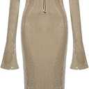 meilun Deep V Dress with Drawstring Long Sleeve Sequin Dress for Women Long Gown, M