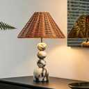 Calacatta Marble Table Lamp - Home Decor Hand Vintage Woven Rattan Shade,Side Table Stone Lamp for Bedroom Living Room, Counter, Console, Entryway House Warming Gifts New Home