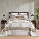Bedduvit 100% Cotton 120"x120" Oversized California King Bedspread - Extra Wide Reversible Patchwork Plaid Quilts Bedding Set, All Season Lightweight Floral Coverlet Set 3pcs Blanket, Brown/Gray/Beige