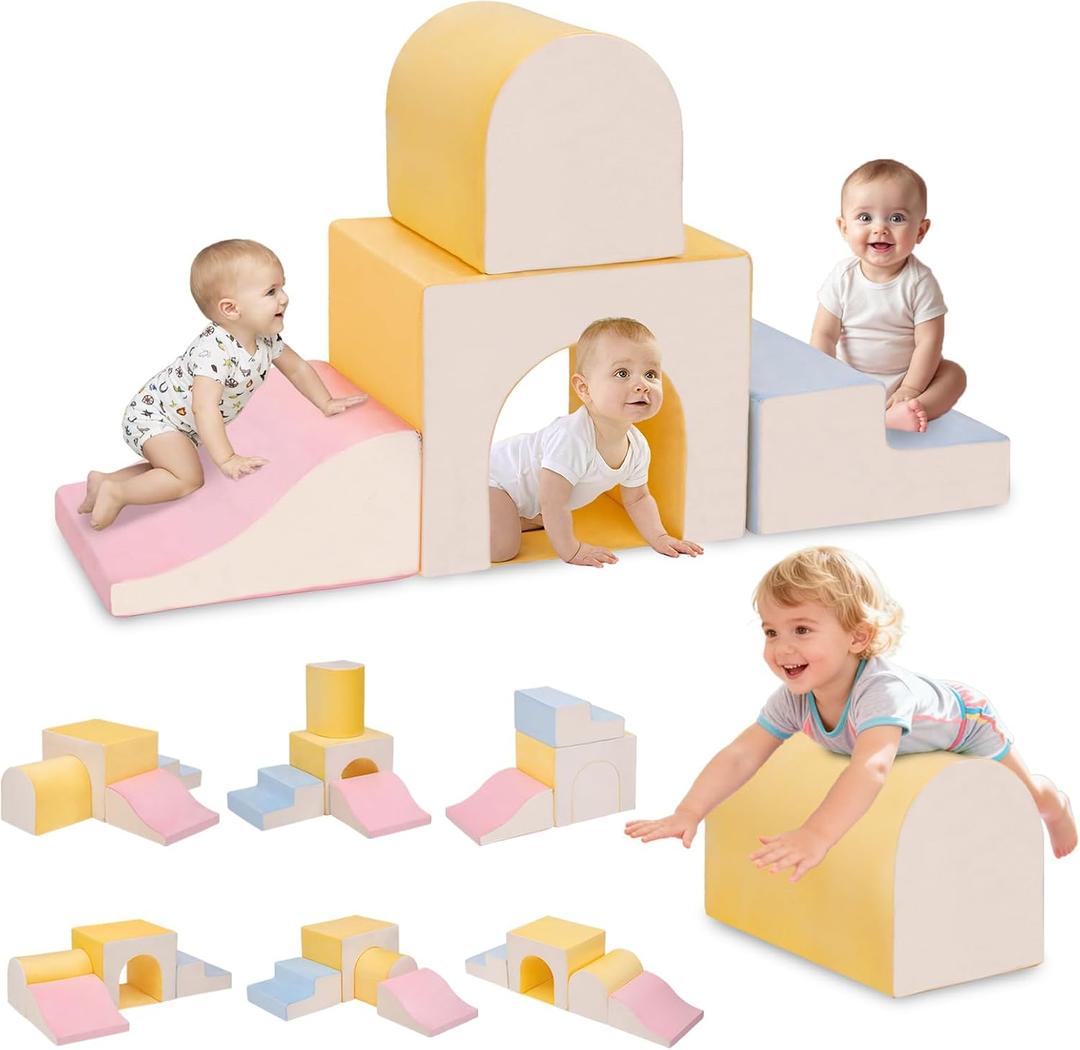 Large Climbing Toys for 1 Year Old, 4-Piece Toddler Climbing Toys Indoor, Soft Play Set Baby Foam Climbing Blocks for Toddlers, Climb Crawl Activity Play Set, Birthday (Yellow\white)
