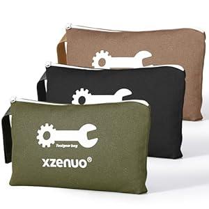 Tool Pouch Zipper Bag, 16oz Pure Cotton Canvas Tool Bag, 12.5 Inch Zipper Pouch for Organization, Storage Organizer Tool Pouches with Wristlet Strap, Black/Brown/Green, 3 Pack