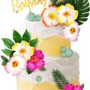 25pcs Hawaiian Tropical Cake Toppers, Summer Cake Topper Decorations with Flowers Leaves Balls Paper-Fan for Summertime Cupcake Decorations for Birthday Wedding Outdoor Theme Party